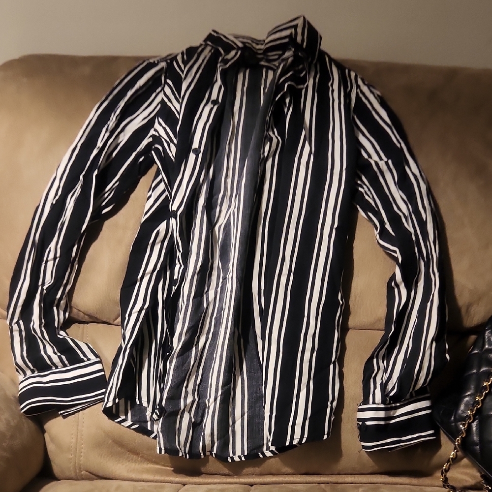 H&M Blue and White Striped Women's Shirt Size XS Slim Fit